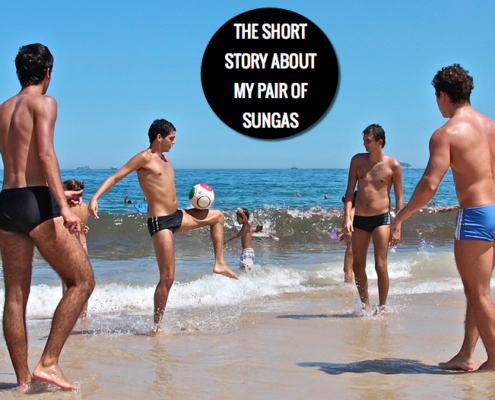 Men wearing a pair of sungas on Ipanema Beach, Brazil