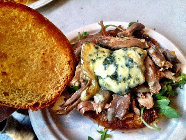 Duck brioche topped with blue cheese - Real Food Market, South Bank, London